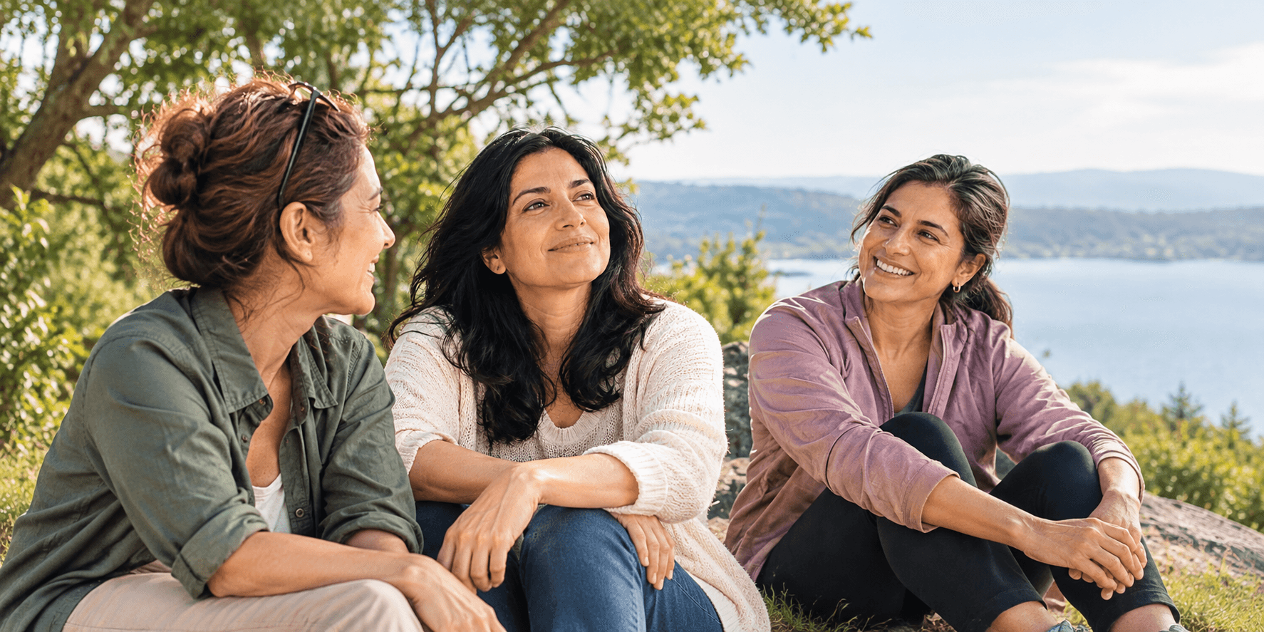 Three women sitting together outdoors above a lake, smiling and talking
